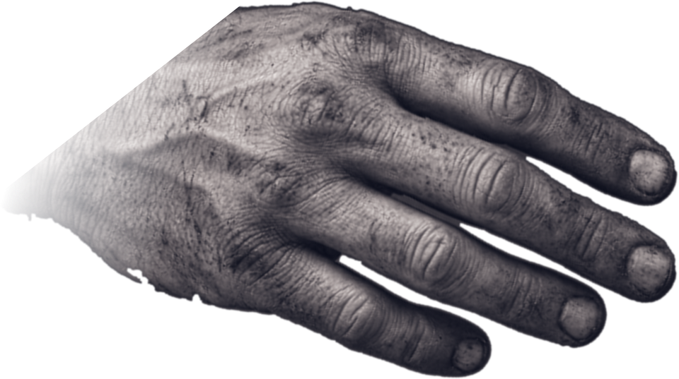 A worker's hand reaching out from the technology circle